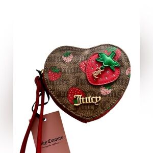 Juicy Couture Brown Heart Strawberry Wristlet with Red and Green Accents